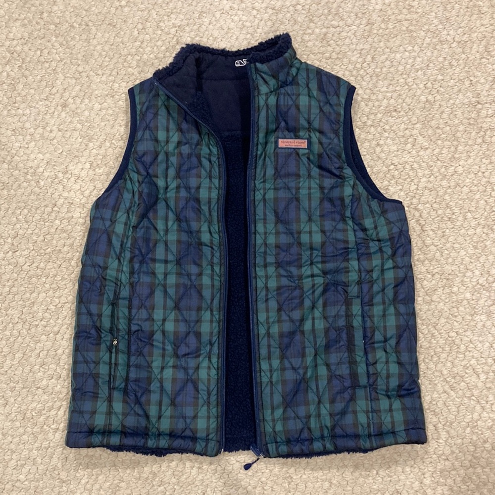 Vineyard Vines reversible black watch plaid / navy fleece vest Women’s S/M